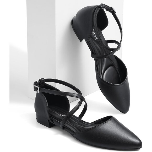 Women's Black-1 Pointed Toe With Adjustable Ankle Strap Dressy Slingback Flats - Picture 3 of 7